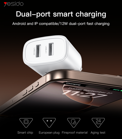 شاحن Yesido YC72 بمنفذين USB-A وقوة 12 واط - شاحن سفر ذكي وآمن بفيش EU