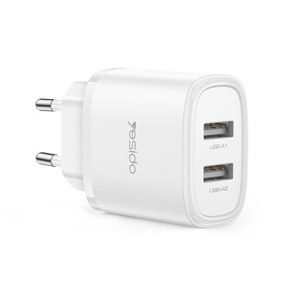 Yesido YC72 Dual USB-A Port Wall Charger – 12W Portable Travel Adapter with EU Plug