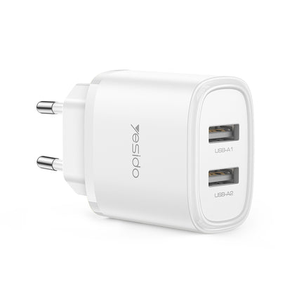 شاحن Yesido YC72 بمنفذين USB-A وقوة 12 واط - شاحن سفر ذكي وآمن بفيش EU