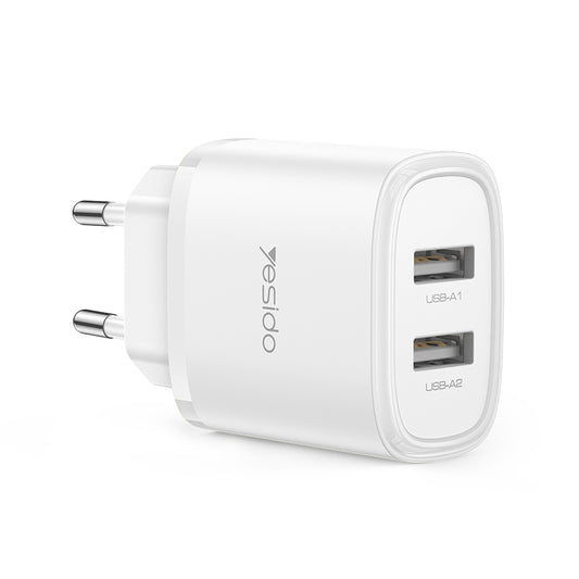 Yesido YC72 Dual USB-A Port Wall Charger – 12W Portable Travel Adapter with EU Plug