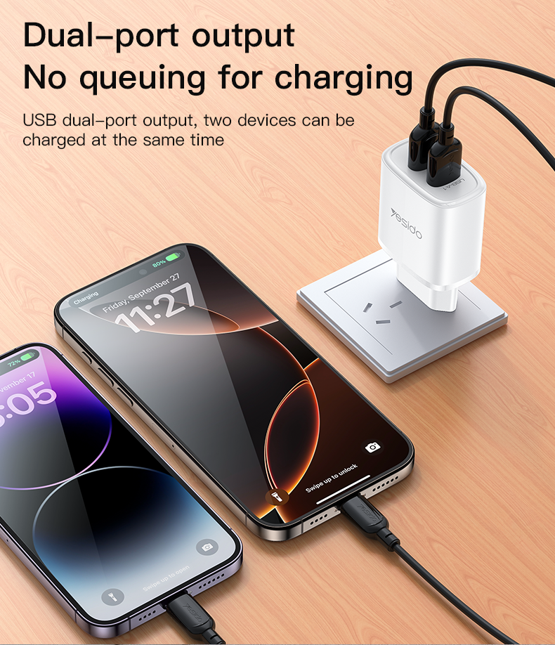 شاحن Yesido YC72 بمنفذين USB-A وقوة 12 واط - شاحن سفر ذكي وآمن بفيش EU