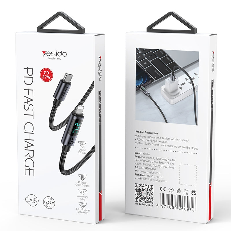 كابل يسيدو Yesido CA157 بطول 1.2 متر (Type-C إلى Lightning) بقوة 27 واط - مزود بشاشة LED لعرض سرعة الشحن