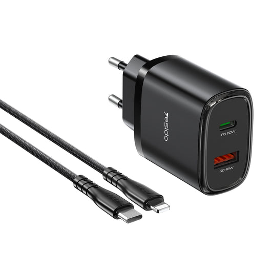 Yesido YC47 20W Fast Home Charger Set – Dual Port (USB + Type-C) with 1m Type-C to Lightning Cable