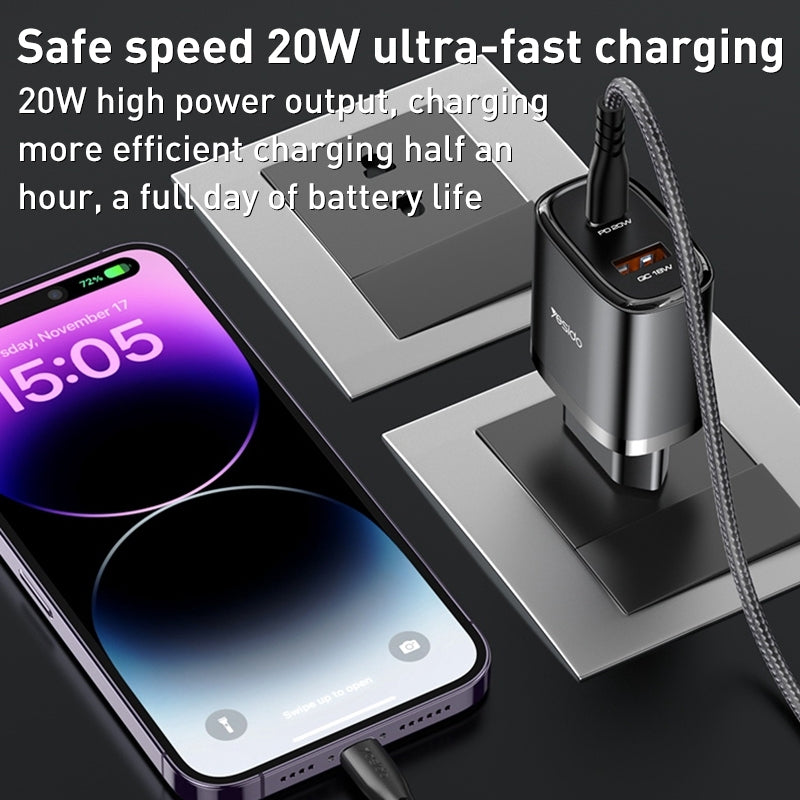 Yesido YC47 20W Fast Home Charger Set – Dual Port (USB + Type-C) with 1m Type-C to Lightning Cable
