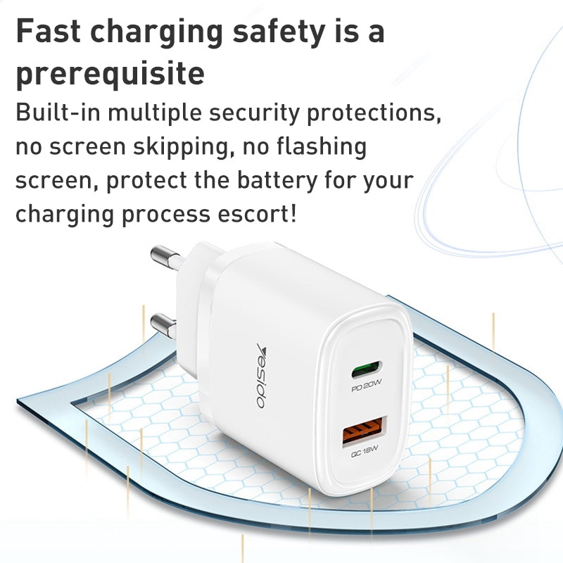 Yesido YC47 20W Fast Home Charger Set – Dual Port (USB + Type-C) with 1m Type-C to Lightning Cable