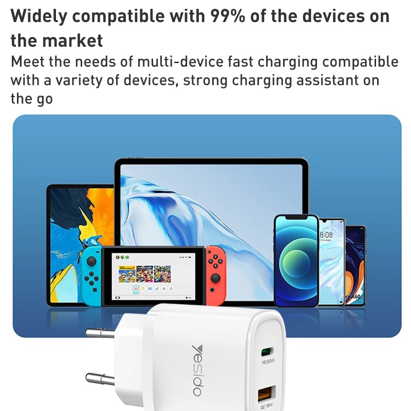 Yesido YC47 20W Fast Home Charger Set – Dual Port (USB + Type-C) with 1m Type-C to Lightning Cable