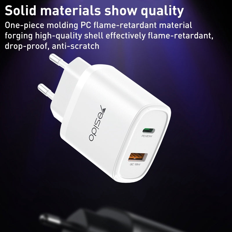 Yesido YC47 20W Fast Home Charger Set – Dual Port (USB + Type-C) with 1m Type-C to Lightning Cable