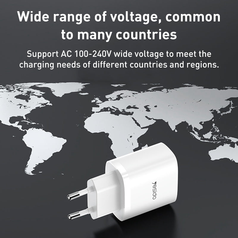 Yesido YC47 20W Fast Home Charger Set – Dual Port (USB + Type-C) with 1m Type-C to Lightning Cable