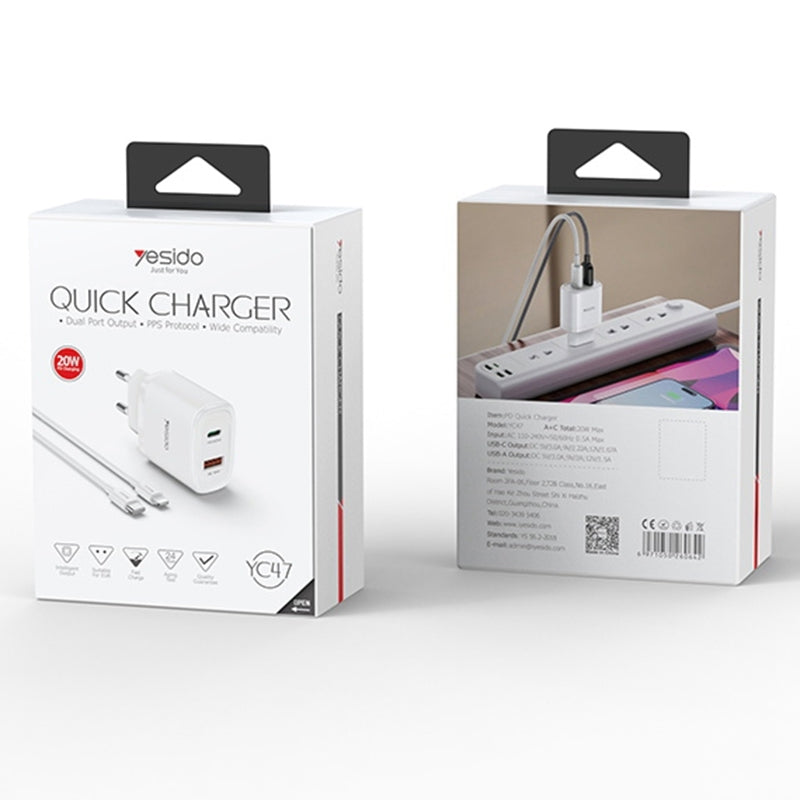 Yesido YC47 20W Fast Home Charger Set – Dual Port (USB + Type-C) with 1m Type-C to Lightning Cable