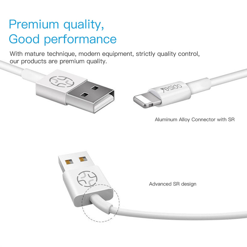 Yesido CA22 Standard 8-Pin Lightning Fast Charging Data Cable – 1.2m Flexible Round Armor Cable for iPhone (2.4A Max / White)