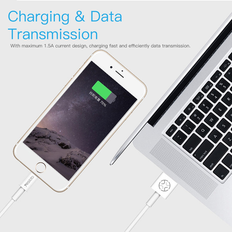 Yesido CA22 Standard 8-Pin Lightning Fast Charging Data Cable – 1.2m Flexible Round Armor Cable for iPhone (2.4A Max / White)