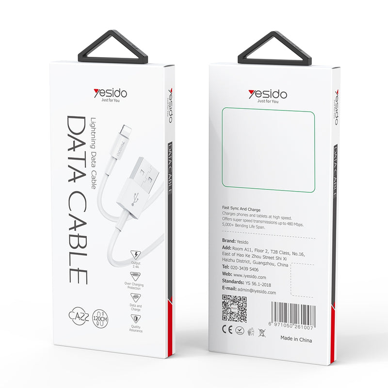 Yesido CA22 Standard 8-Pin Lightning Fast Charging Data Cable – 1.2m Flexible Round Armor Cable for iPhone (2.4A Max / White)