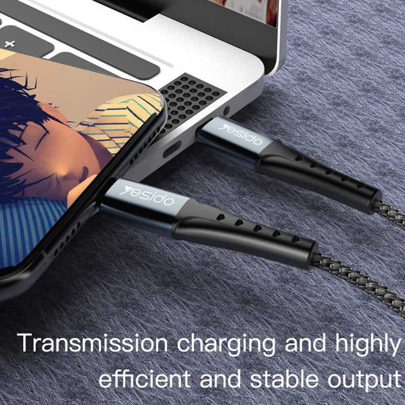 Yesido CA64 Type-C to Lightning Fast Charging Data Cable – 1.2m Heavy-Duty Nylon Braided Armor with Aluminum Alloy Shells (2.4A Max)