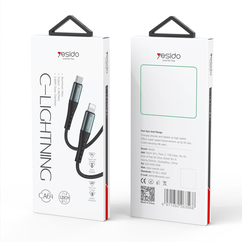 Yesido CA64 Type-C to Lightning Fast Charging Data Cable – 1.2m Heavy-Duty Nylon Braided Armor with Aluminum Alloy Shells (2.4A Max)