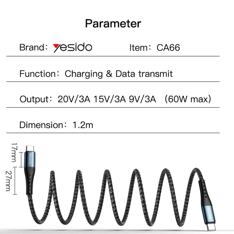 Yesido CA66 60W Type-C to Type-C Fast Charging Data Cable – 1.2m Heavy-Duty Nylon Braided Armor with Aluminum Alloy Shells