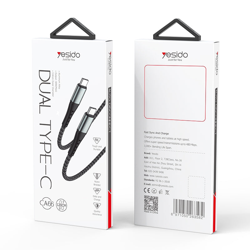 Yesido CA66 60W Type-C to Type-C Fast Charging Data Cable – 1.2m Heavy-Duty Nylon Braided Armor with Aluminum Alloy Shells