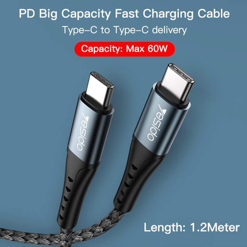 Yesido CA66 60W Type-C to Type-C Fast Charging Data Cable – 1.2m Heavy-Duty Nylon Braided Armor with Aluminum Alloy Shells