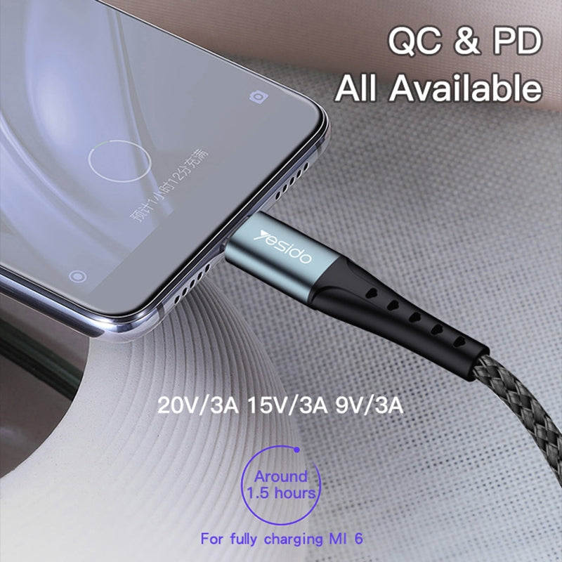 Yesido CA66 60W Type-C to Type-C Fast Charging Data Cable – 1.2m Heavy-Duty Nylon Braided Armor with Aluminum Alloy Shells