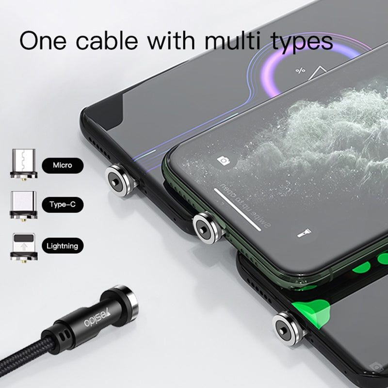 Yesido CA68 3-in-1 Magnetic Fast Charging Data Cable – 540-Degree Rotation Heavy-Duty Nylon Braided Cable (2.4A / 1m)