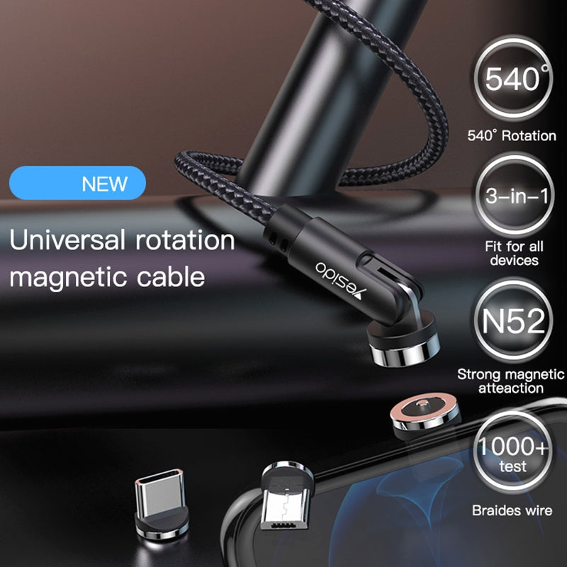 Yesido CA68 3-in-1 Magnetic Fast Charging Data Cable – 540-Degree Rotation Heavy-Duty Nylon Braided Cable (2.4A / 1m)