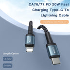 Yesido CA76 20W Type-C to Lightning PD Fast Charging Cable – 1.2m Heavy-Duty Nylon Braided Armor with Aluminum Alloy Shells
