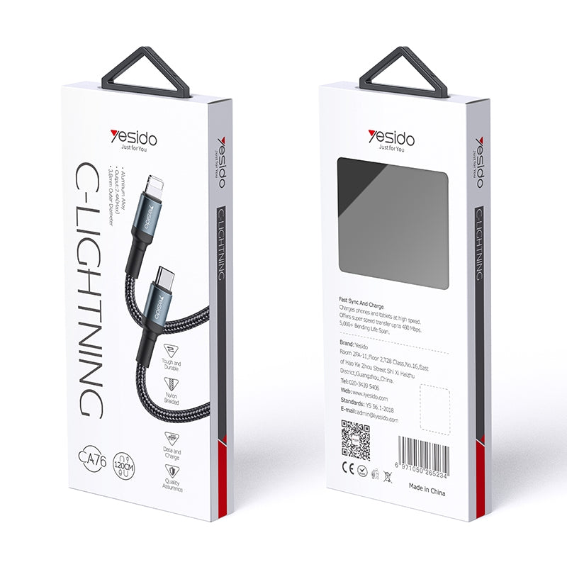 Yesido CA76 20W Type-C to Lightning PD Fast Charging Cable – 1.2m Heavy-Duty Nylon Braided Armor with Aluminum Alloy Shells