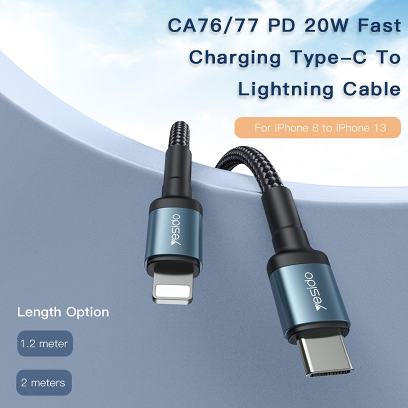 Yesido CA77 20W Type-C to Lightning PD Fast Charging Cable – 2m Long Heavy-Duty Nylon Braided Armor with Aluminum Alloy Shells
