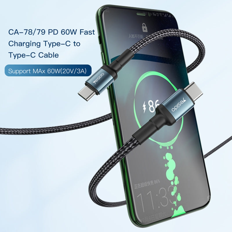 Yesido CA78 60W Type-C to Type-C PD Fast Charging Cable – 1.2m Heavy-Duty Nylon Braided Cable with Aluminum Alloy Shells