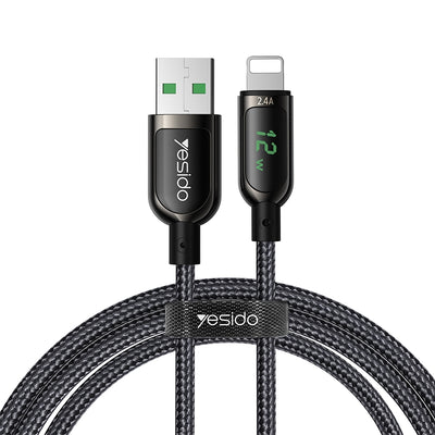 Yesido CA84 Smart Digital Display USB to Lightning Data Cable – 1.2m Heavy-Duty Nylon Braided Armor with Zinc Alloy Shells (2.4A Max)