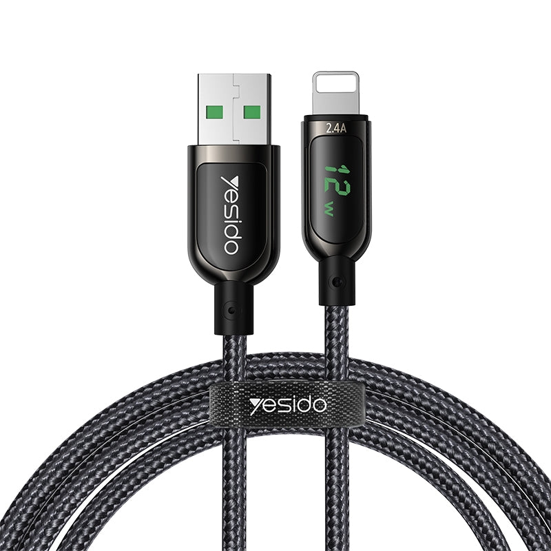 Yesido CA84 Smart Digital Display USB to Lightning Data Cable – 1.2m Heavy-Duty Nylon Braided Armor with Zinc Alloy Shells (2.4A Max)