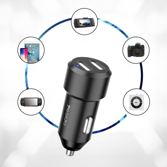 Yesido Y34 Compact Car Charger – Dual USB Ports 2.4A with Aluminum Alloy Shell