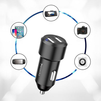Yesido Y34 Compact Car Charger – Dual USB Ports 2.4A with Aluminum Alloy Shell