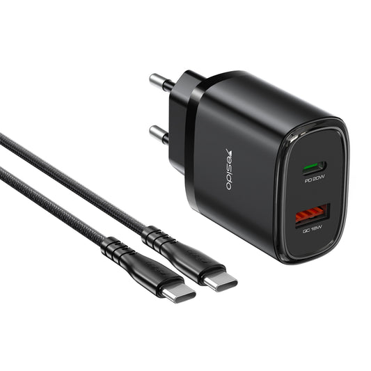 Yesido YC50 20W Fast Travel Charger – Dual Port (USB-C + USB-A) with 1M C-C Cable