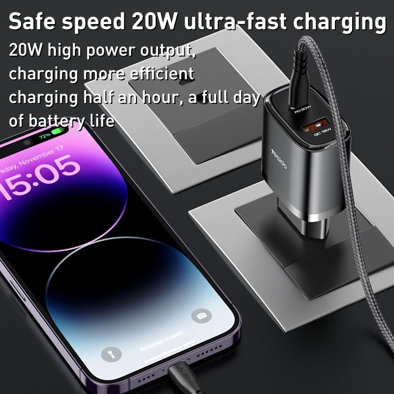 شاحن سفر Yesido YC50 بقوة 20 واط - منفذ Type-C ومنفذ USB مع كابل شحن سريع C to C