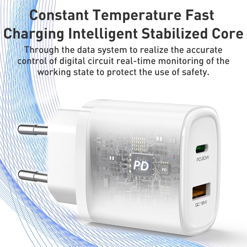 شاحن سفر Yesido YC50 بقوة 20 واط - منفذ Type-C ومنفذ USB مع كابل شحن سريع C to C