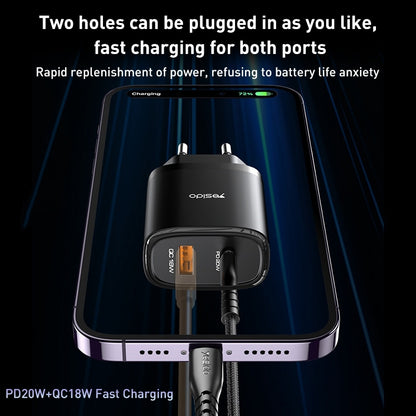 شاحن سفر Yesido YC50 بقوة 20 واط - منفذ Type-C ومنفذ USB مع كابل شحن سريع C to C