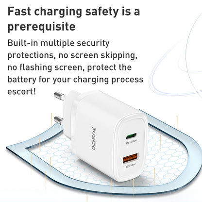 شاحن سفر Yesido YC50 بقوة 20 واط - منفذ Type-C ومنفذ USB مع كابل شحن سريع C to C