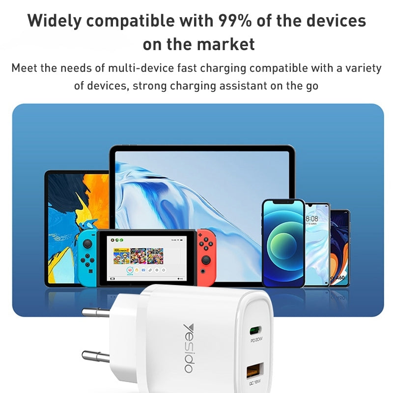 شاحن سفر Yesido YC50 بقوة 20 واط - منفذ Type-C ومنفذ USB مع كابل شحن سريع C to C