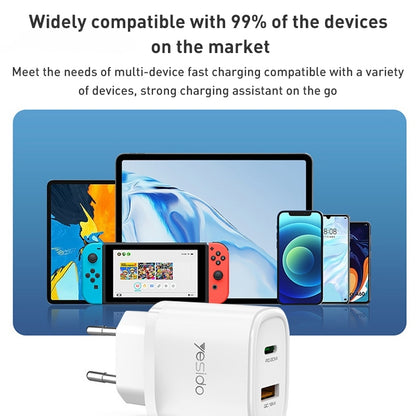 شاحن سفر Yesido YC50 بقوة 20 واط - منفذ Type-C ومنفذ USB مع كابل شحن سريع C to C