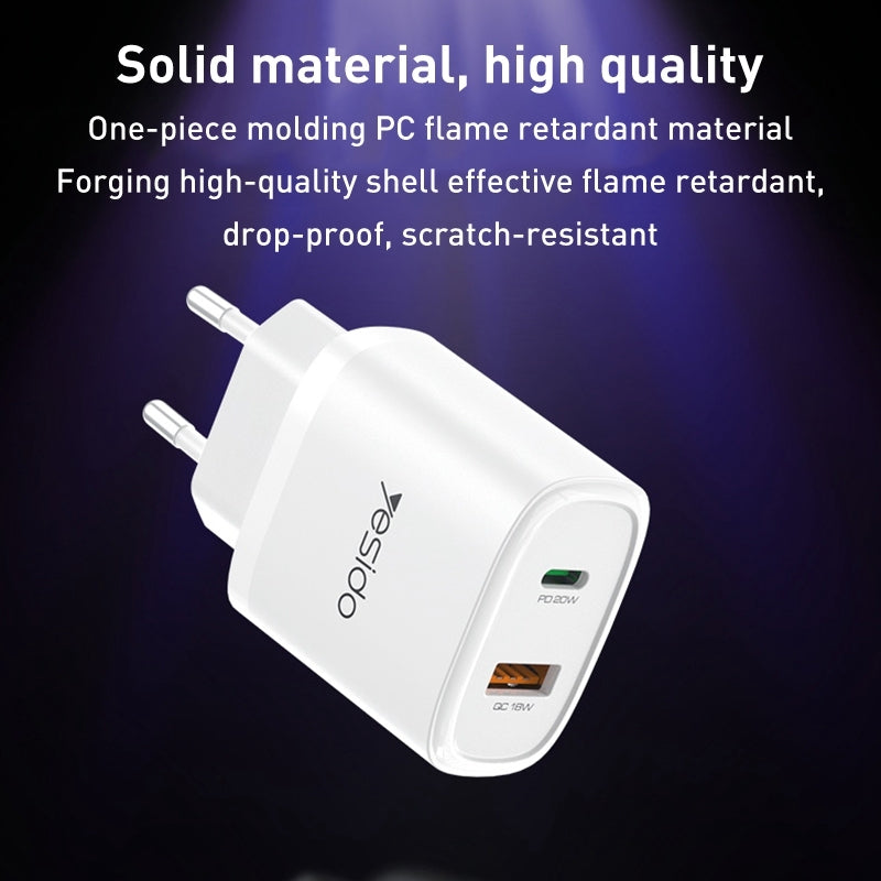 شاحن سفر Yesido YC50 بقوة 20 واط - منفذ Type-C ومنفذ USB مع كابل شحن سريع C to C