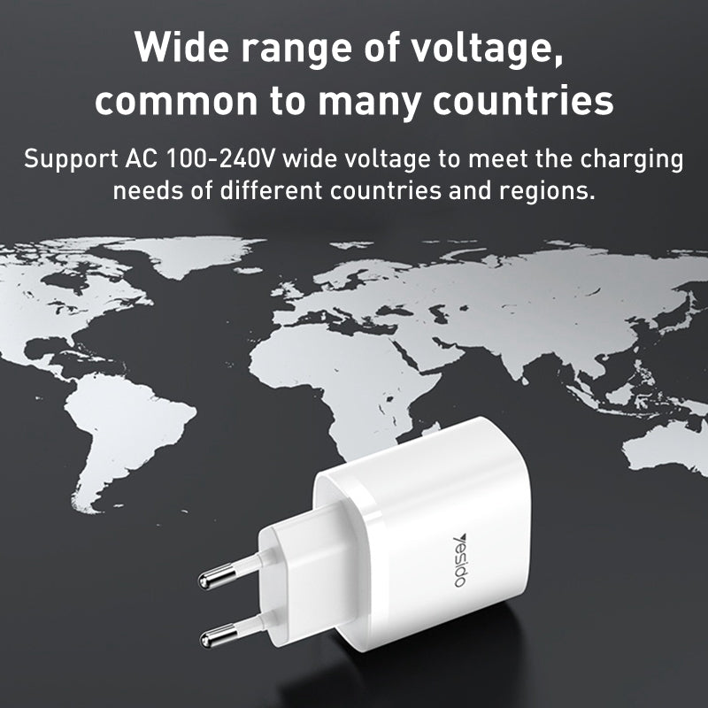 شاحن سفر Yesido YC50 بقوة 20 واط - منفذ Type-C ومنفذ USB مع كابل شحن سريع C to C