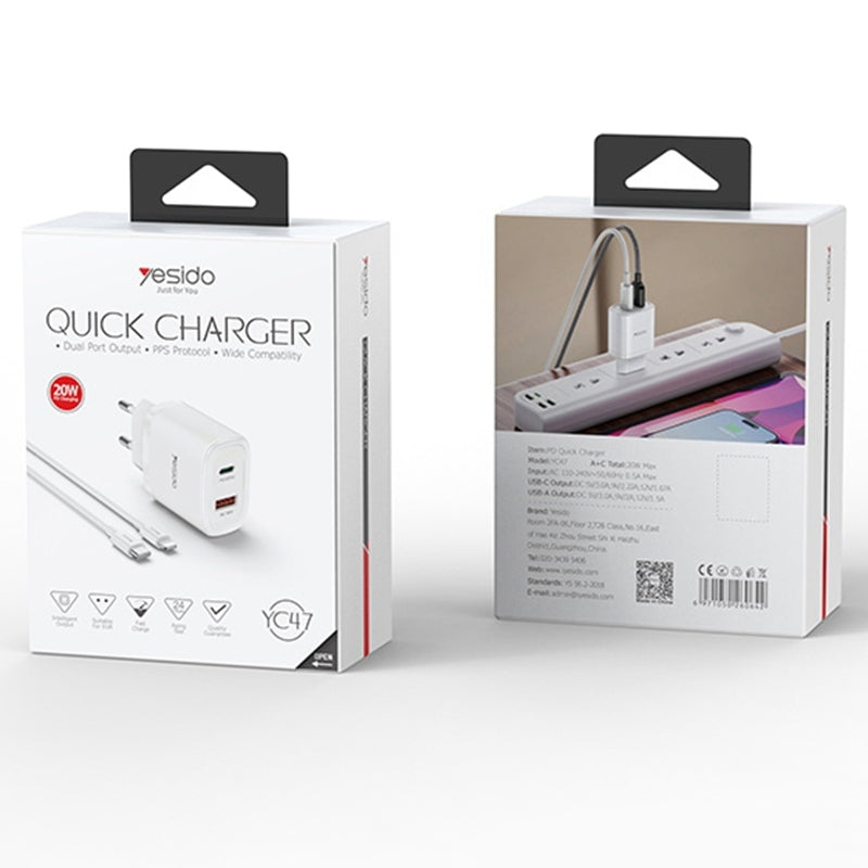 شاحن سفر Yesido YC50 بقوة 20 واط - منفذ Type-C ومنفذ USB مع كابل شحن سريع C to C