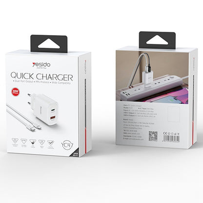 شاحن سفر Yesido YC50 بقوة 20 واط - منفذ Type-C ومنفذ USB مع كابل شحن سريع C to C