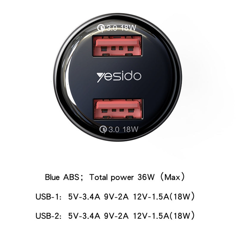 شاحن سيارة Yesido Y51 بقوة 36 واط - منفذين USB للشحن السريع بهيكل من سبائك الزنك وتصميم شفاف