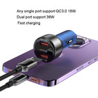 Yesido Y51 36W Dual QC3.0 Fast Car Charger – Zinc Alloy & Semi-Transparent Blue Design