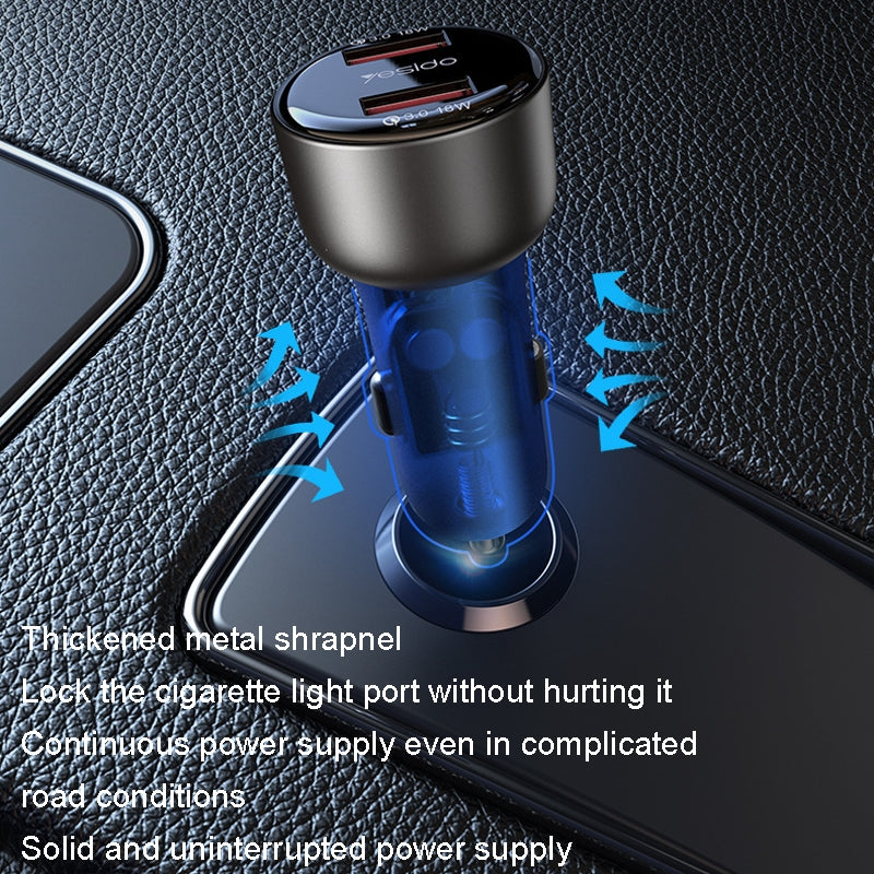 شاحن سيارة Yesido Y51 بقوة 36 واط - منفذين USB للشحن السريع بهيكل من سبائك الزنك وتصميم شفاف