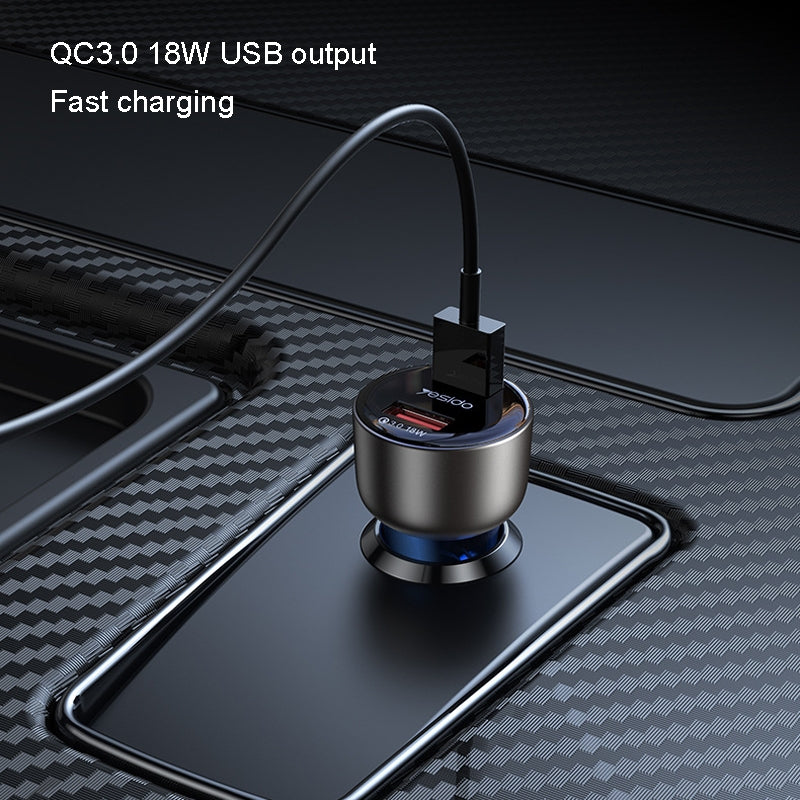 شاحن سيارة Yesido Y51 بقوة 36 واط - منفذين USB للشحن السريع بهيكل من سبائك الزنك وتصميم شفاف