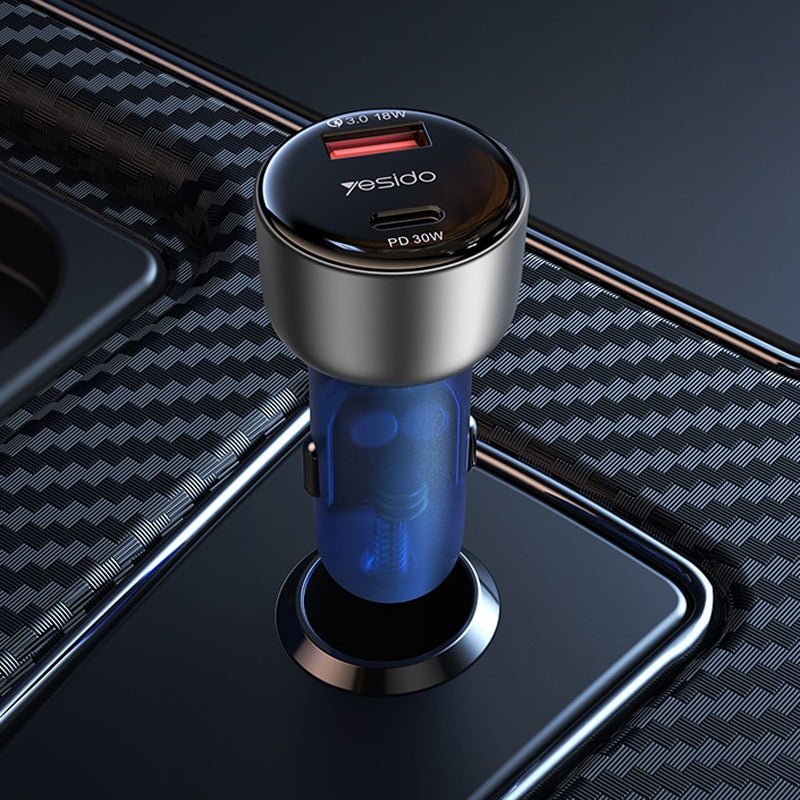 شاحن سيارة Yesido Y52 فائق السرعة بقدرة 48 واط - منفذين (USB + Type-C) بهيكل معدني وتصميم شفاف