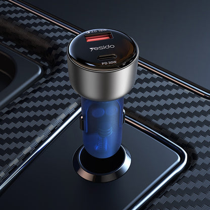 شاحن سيارة Yesido Y52 فائق السرعة بقدرة 48 واط - منفذين (USB + Type-C) بهيكل معدني وتصميم شفاف