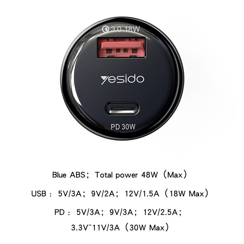 شاحن سيارة Yesido Y52 فائق السرعة بقدرة 48 واط - منفذين (USB + Type-C) بهيكل معدني وتصميم شفاف